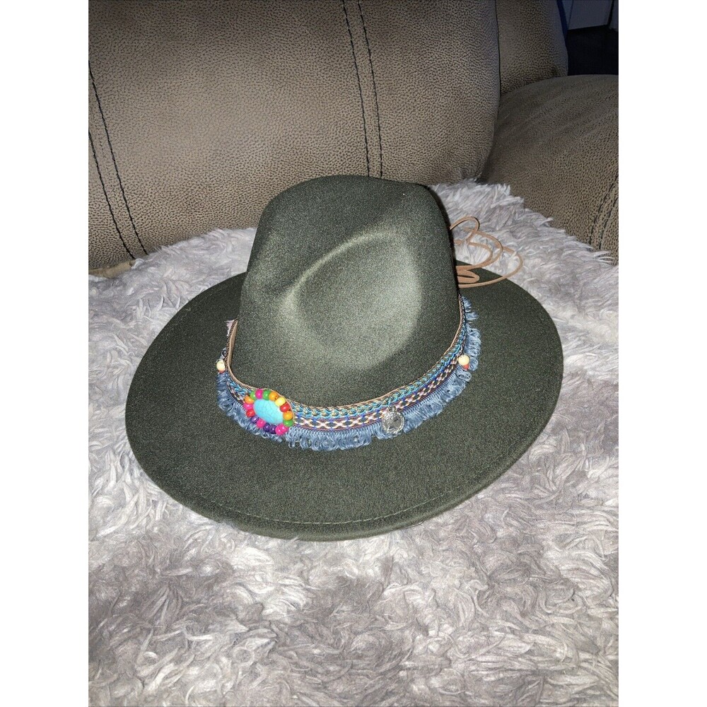 Western Cowboy Hat Fedora Panama Party Bead Tassle Army Green Unisex Rodeo Boho